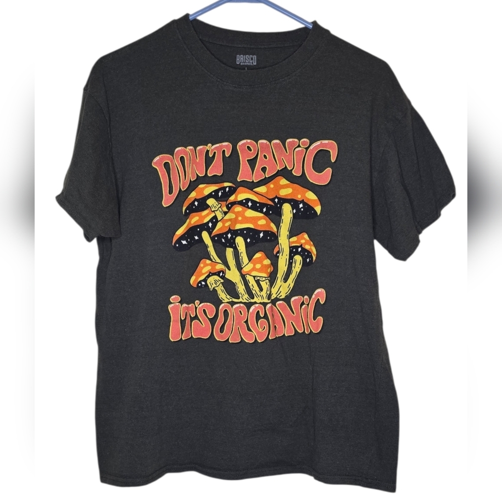 Brisco Mushroom Graphic Tee Don't Panic It's Organic, Grayish Green Size Large